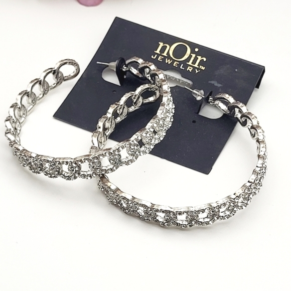 NWT nOir Jewelry large silver plated hoops inlaid rhinestones post earrings $128 - Picture 10 of 14